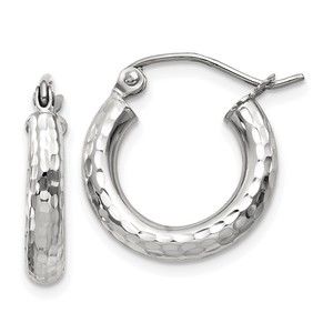 14k White Gold Diamond-cut 3mm Round Hoop Earrings